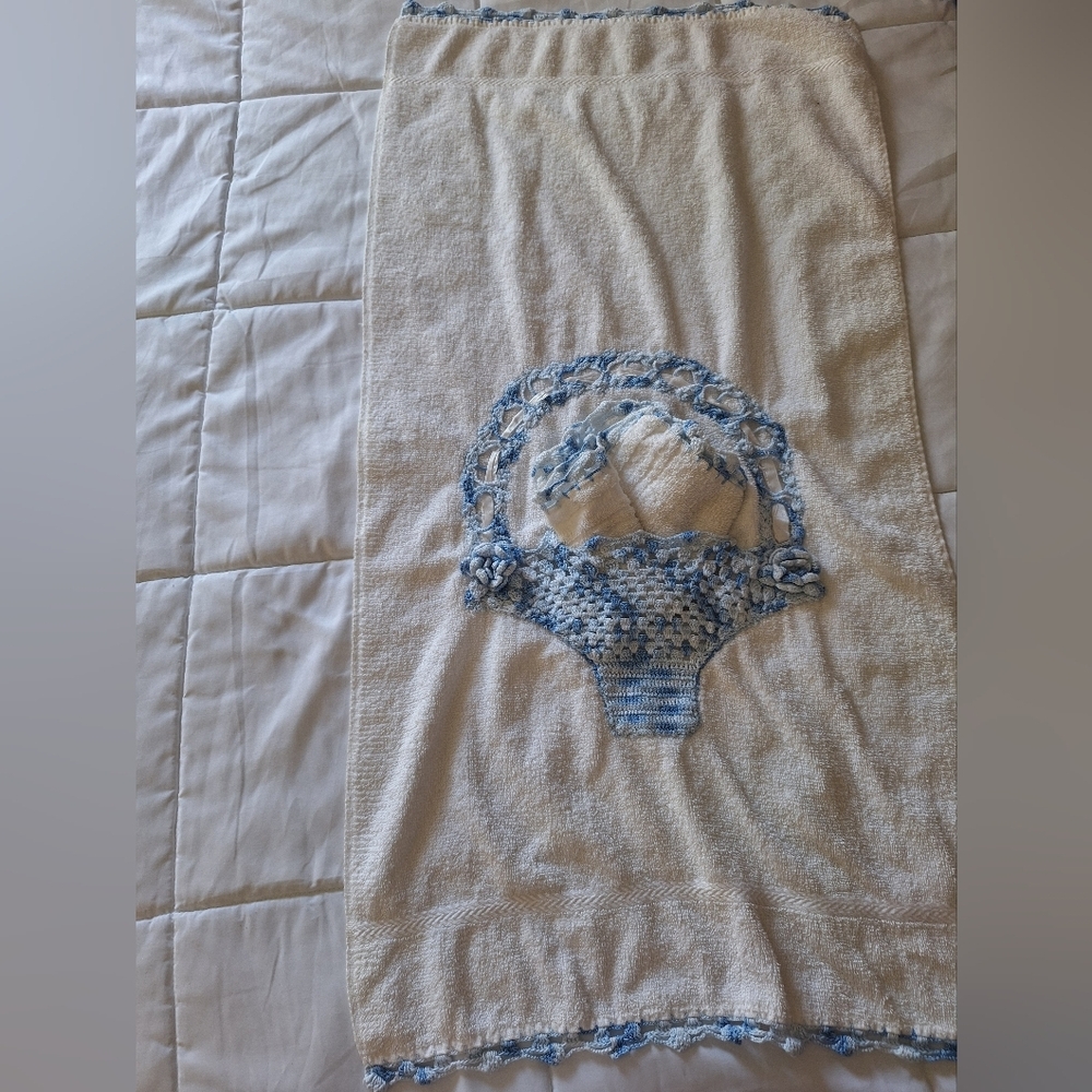 Hand Crafted Cream Bath Towel with Blue Crochet Basket Accent